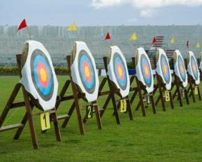 archery targets aligned on grass for outdoor team building activity