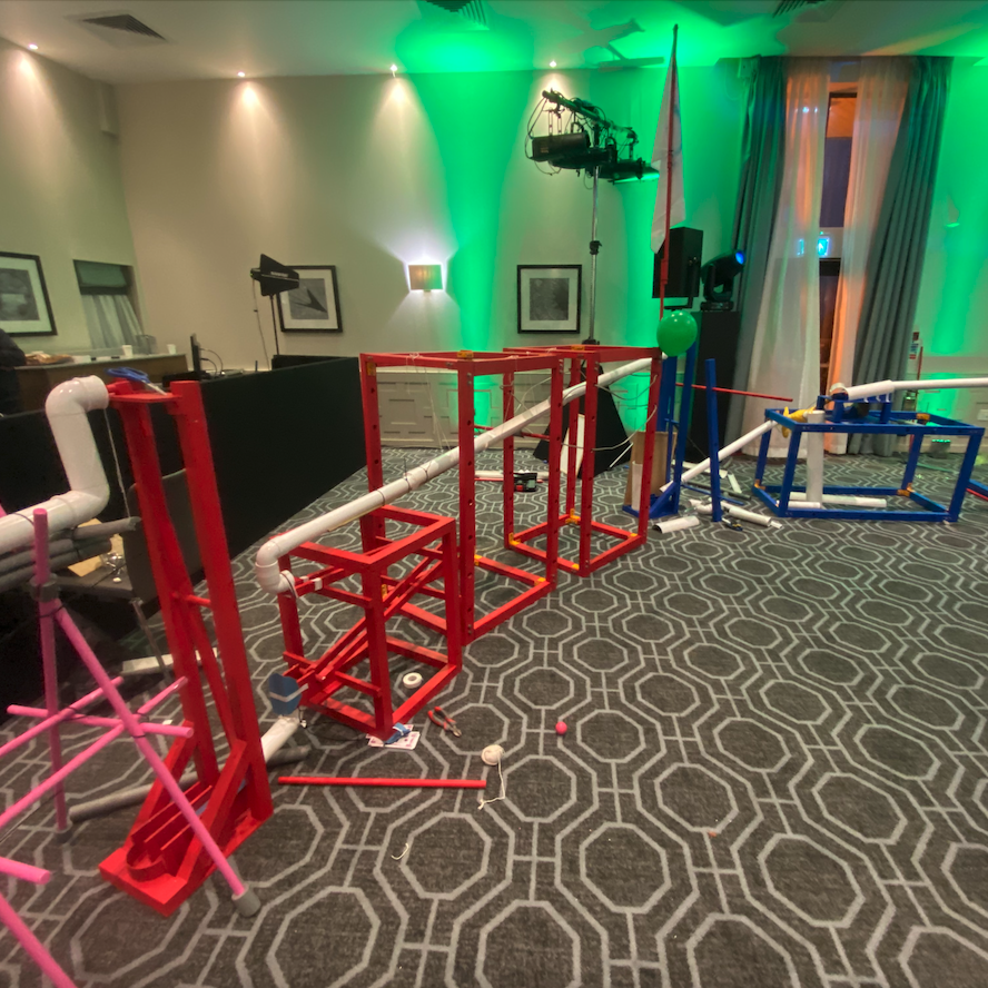 A section of the chain reaction circuit created by the clients on a Chain Reaction Team Building Event