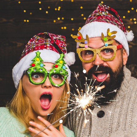 Virtual Christmas Party Festive Frenzy people in hats and glasses