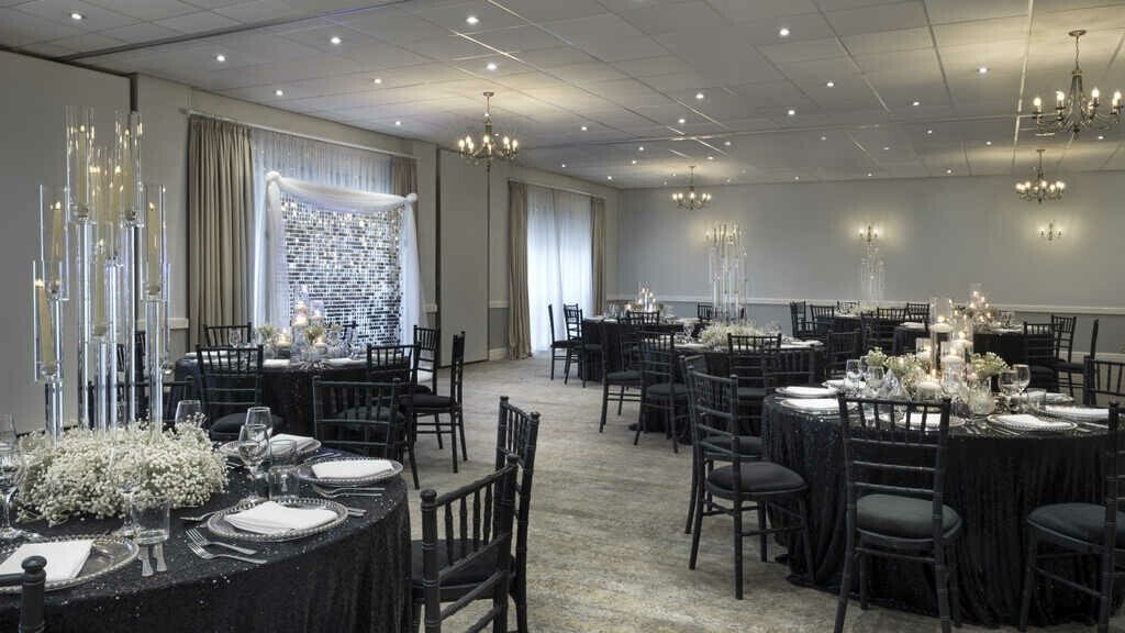 Round tables set up for a dinner at the Delta Hotels Marriott Preston