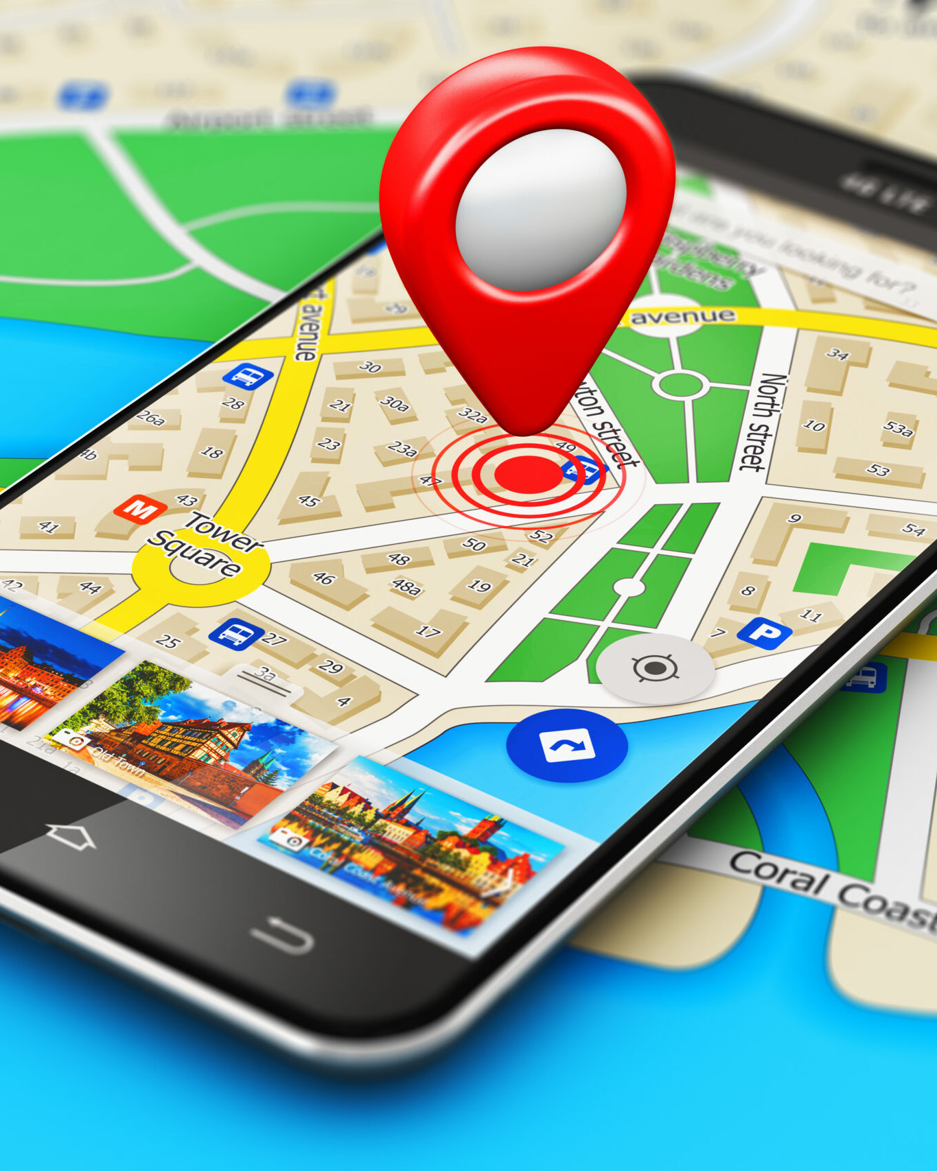 Red pin on smartphone interactive map for GPS treasure hunt team building activity