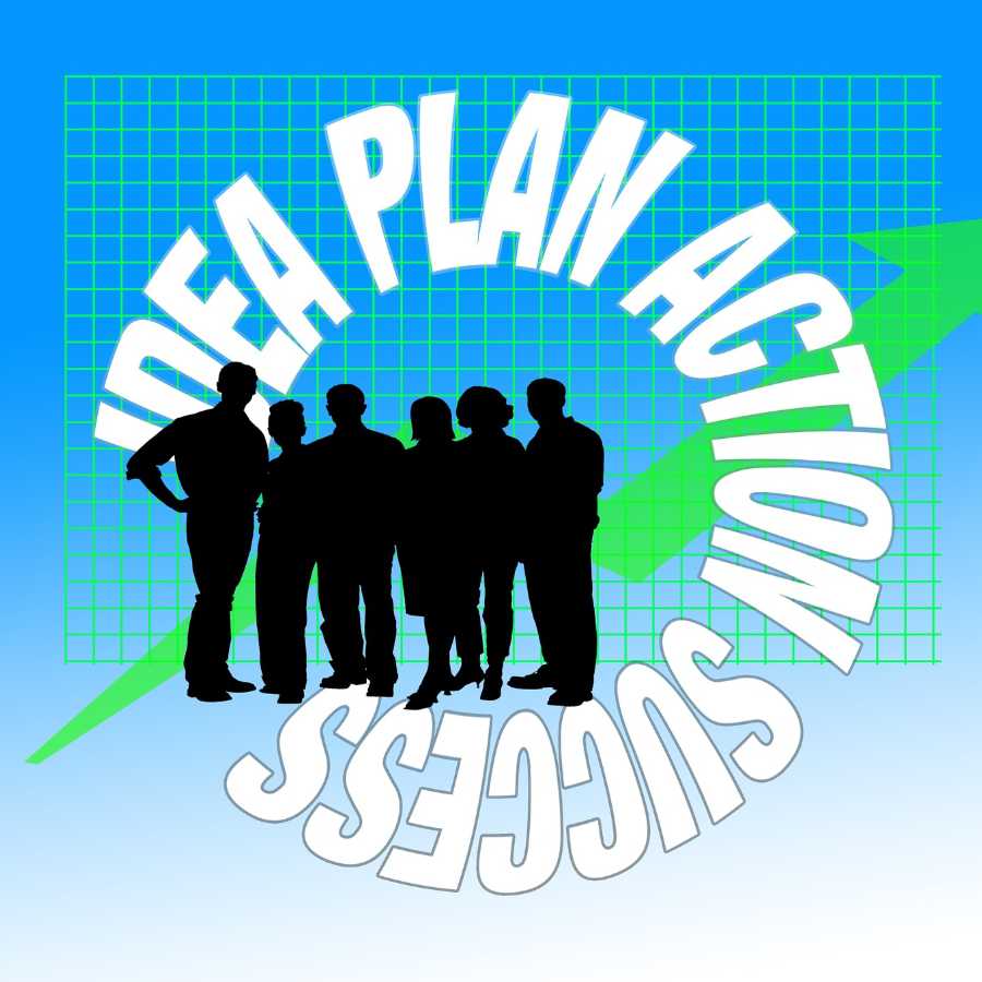 Group of people with the words idea, plan, action ad success circling them